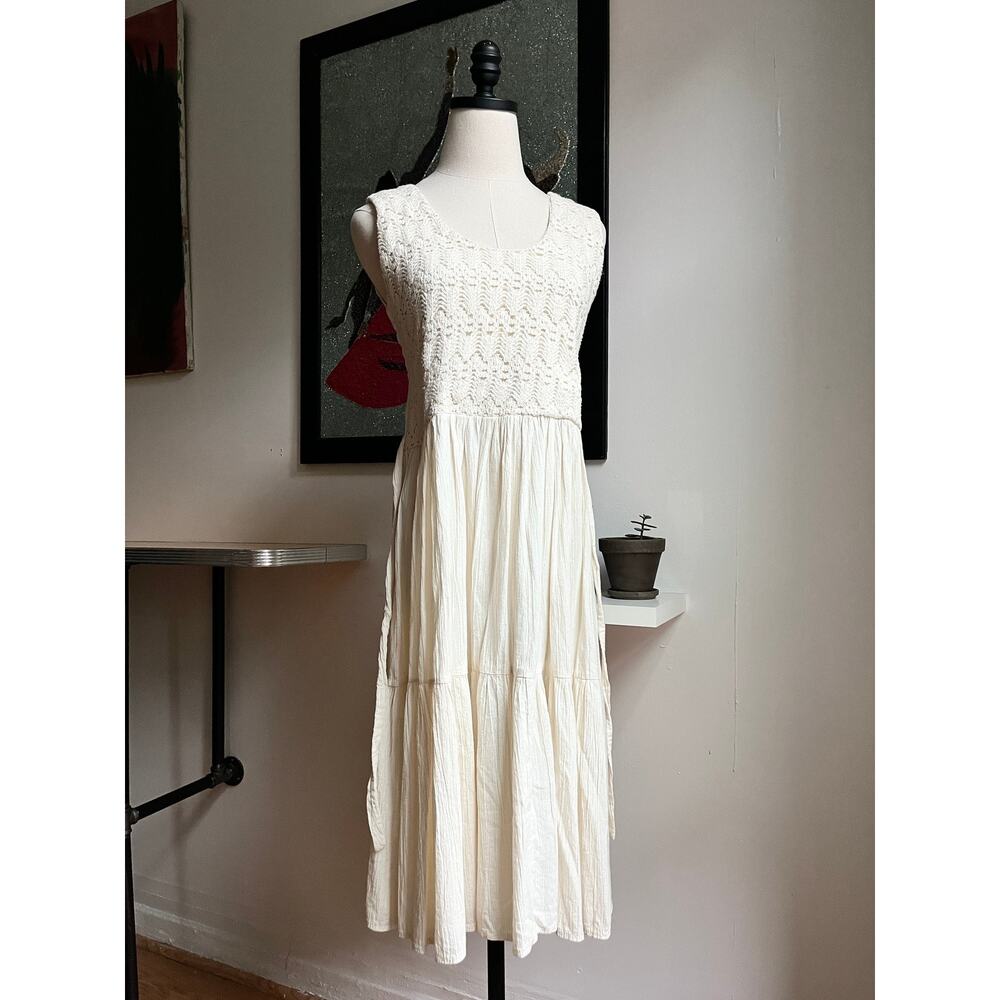 Vintage 60s Crochet Gauze Midi Dress | Ivory Cotton Lace Cottagecore Boho | M/L - Picture 4 of 10